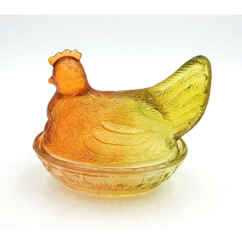 Glass Hen On Nest Ombre Amber Yellow Covered Candy Dish 6 Inch Vintage - Picture 2 of 10